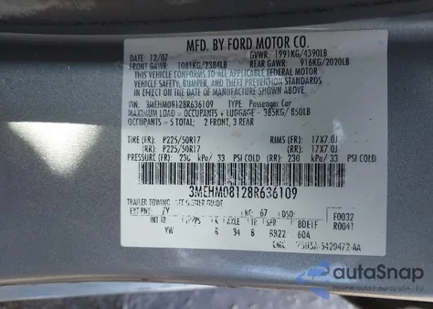 2008 Mercury Milan V6 Premier from USA, damaged, VIN 3MEHM08128R636109